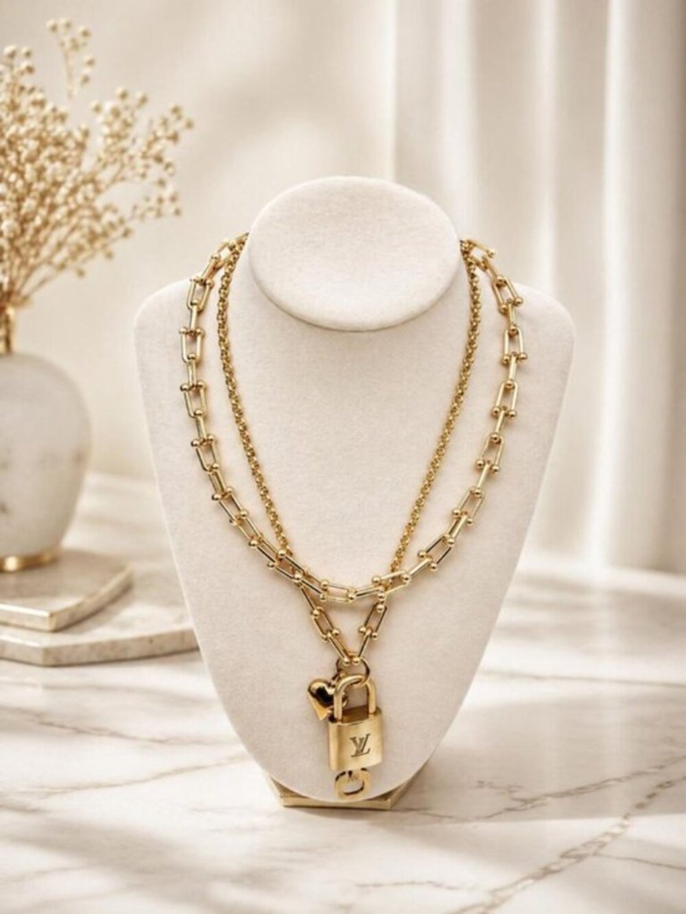 Authentic Louis Vuitton Gold Padlock w/ Unbranded Fashion Stainless Steel Chain